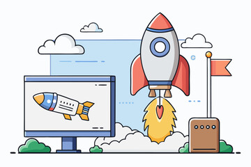 Whimsical Rocket Launch Illustration Promoting Technology Startup With Computer Display, Launchpad, and Fluffy Clouds in a Cartoon Style