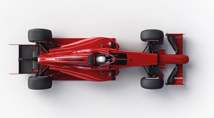 Naklejka premium Top view of glossy red Formula One race car model with visible driver in white helmet, against a light background. Formula one, sport, race car model
