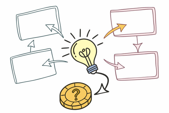 Brainstorming and Resource Allocation Idea Generation Process Depicting Boxes Connected to a Central Light Bulb with a Stack of Coins
