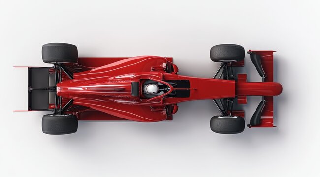 Top view of glossy red Formula One race car model with visible driver in white helmet, against a light background. Formula one, sport, race car model