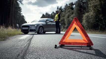Roadside Assistance: A motorist in a safety vest stands by their car on a rural road with a warning triangle displayed, signaling a breakdown or emergency.