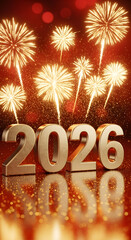 Golden digits of 2026 are prominently displayed against a vibrant backdrop of colorful fireworks and sparkling lights, creating a festive atmosphere that embodies New Year celebrations and joy	