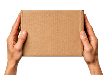 Mans hands holding a brown cardboard box isolated on transparent background