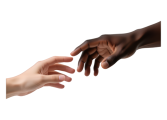 Light Skin Tone Hand Reaching Out, Dark Skin Tone Hand Touching, 3D Realism Illustration with Transparent Background