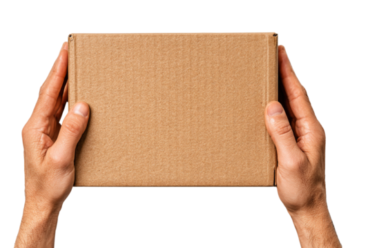 Mans hands holding a brown cardboard box isolated on transparent background