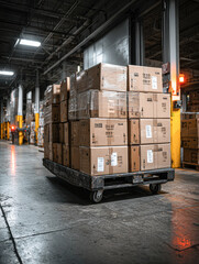 A cart loaded with cardboard boxes in a dimly lit warehouse setting.