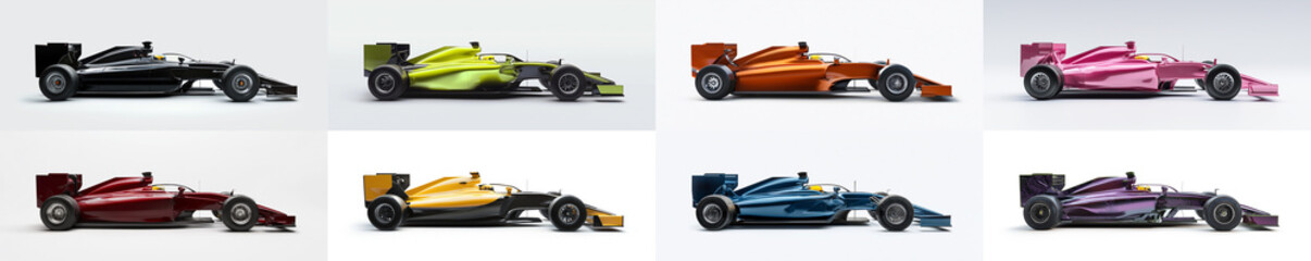 Obraz premium Grid of eight Formula One race car models in side profile showcases diverse palette of colors against light background. Formula one, sport, race car model