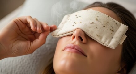Relaxed young woman with herbal eye mask enjoying spa treatment