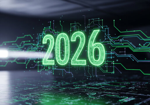 Glowing green 2026 on a futuristic circuit board with data streams. A high-tech concept representing processing, network connectivity, and digital transformation in the new year. - Powered by Adobe