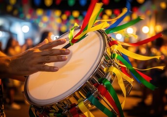 Close-up of a hand playing a tamborim drum decorated with colorful ribbons at a Brazilian street festival
