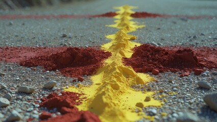 Close-up of a yellow line painted on asphalt, flanked by red markings and scattered gravel.