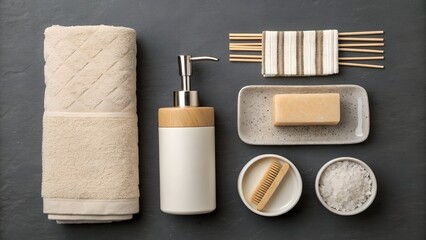 Naklejka premium flatlay-of-neutral-colored-bathroom-accessories-on
