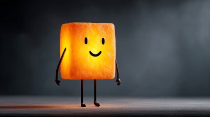 Cartoon character made out of a cube is smiling and standing in front of a light. Scene is lighthearted and playful
