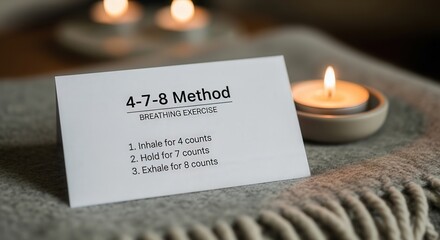 4-7-8 breathing exercise card with lit candle on cozy blanket