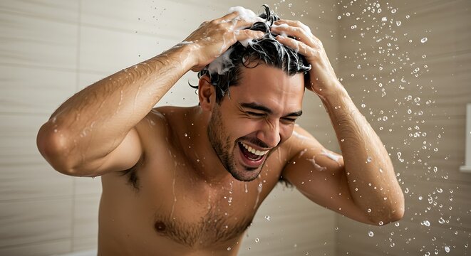 Joyful handsome man laughing while washing his hair with shampoo in the shower.