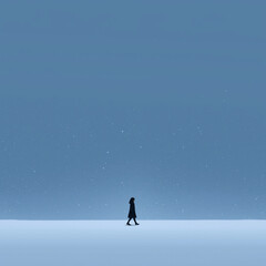 Woman walking in the snow. The image is cold but cozy and minimalist.