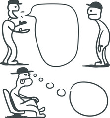 Two cartoon characters are talking about something. A third person is sitting below and thinking about something.