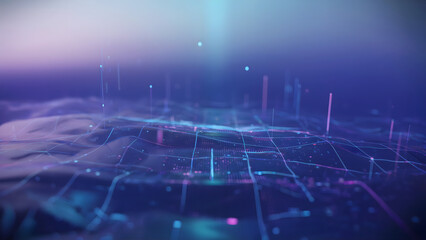 Abstract futuristic landscape with glowing grid lines and soft purple and blue lighting effect