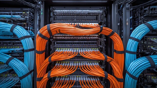 Data Center Cable Management: Organized blue and orange cables meticulously arranged in a server rack. Connectivity and efficiency showcased.