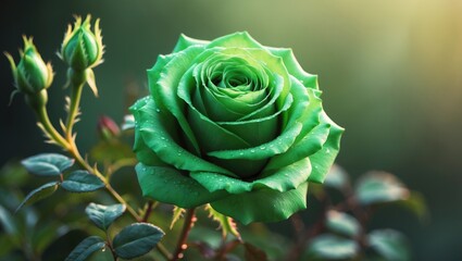 Green rose in bloom with dewdrops, surrounded by rosebuds and leaves. Beautiful floral image showcasing nature's elegance.