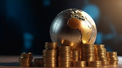 christmas concept. Globe and stack with coins. Money makes the world go round, Generative AI