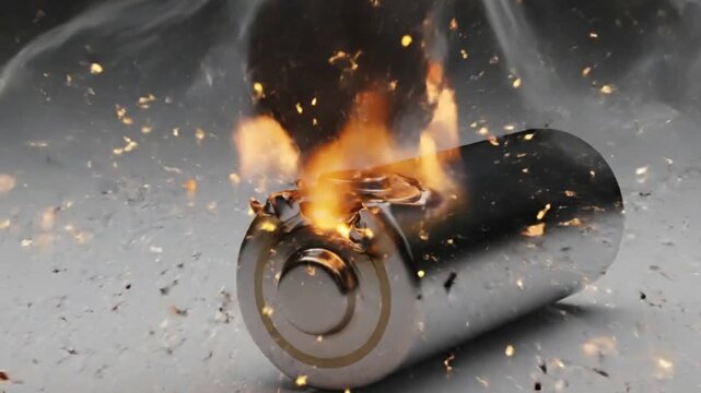 Defective lithium-ion battery catching fire and smoking due to overheating or a short circuit, illustrating a technological hazard.