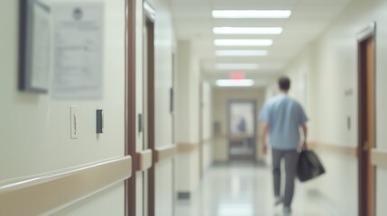 Modern healthcare hallway with soft lighting and clean interior. Blurred clinician walking away in the background