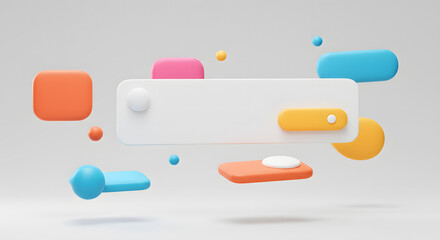 Abstract Geometric Composition with Pastel Shapes Floating on Grey Background