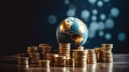 christmas concept. Globe and stack with coins. Money makes the world go round, Generative AI