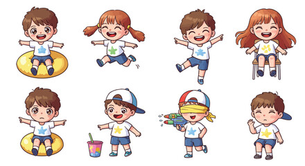 Eight cheerful cartoon children in diverse playful poses and expressions, engaging in activities like jumping, sitting, and using props such as an inflatable ring and water gun.