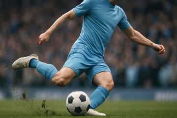 Fototapeta premium Cropped image of male soccer player in blue uniform in motion with ball, playing, dribbling on green stadium field during intense match. Concept of sport, match, tournament