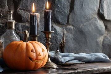 An illuminated Halloween pumpkin grins, sitting alongside flickering black candles and old glass bottles, creating a spooky, magical autumn night scene.