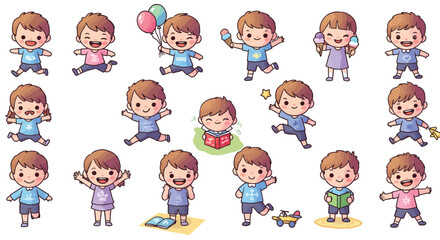 Vector illustrations of cheerful young children engaged in a variety of common childhood activities.