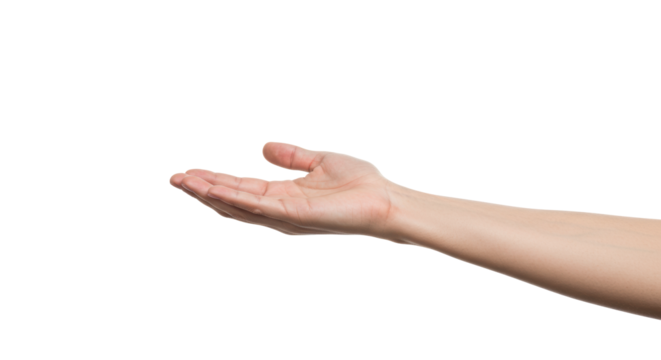 A human hand and bare forearm with open palm facing upwards, universal skin tone, clean bright white background, high-key soft diffused lighting, concept of trust and partnership