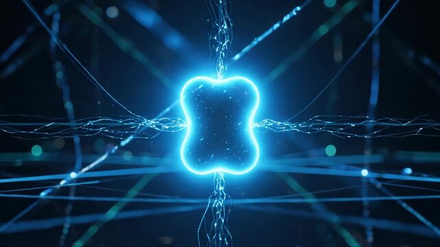 Glowing Quantum Qubit in Complex Network - A close-up, cinematic shot reveals a glowing blue qubit suspended within a dense, intricate network of laser beams.