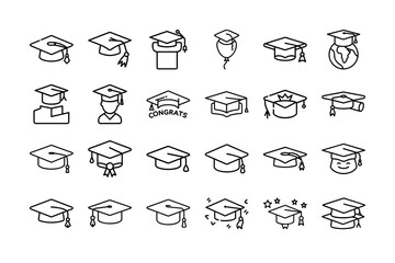 Graduation Cap Icon Set. Academic hat, graduate, ceremony, diploma, education, celebration, scholar, student, success, congrats, cap toss, school, graduation day. Editable stroke. Vector illustrations