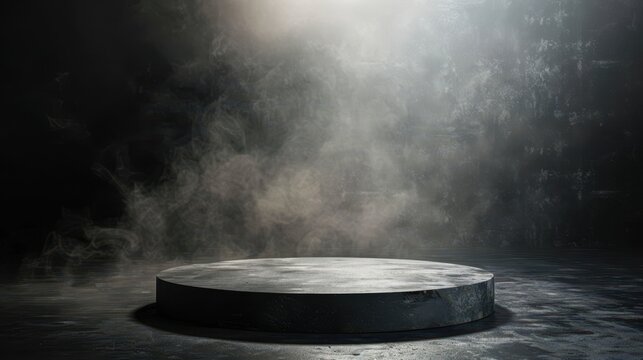 dark round rock podium for product display presentation with bright smoke and light effect 