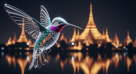 Obraz premium Crystal hummingbird near golden pagodas at night glass iridescent