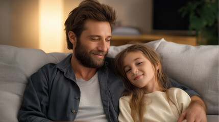 Fototapeta premium Father and daughter bonding indoors in warm light