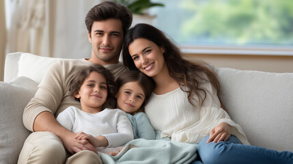 Obraz premium Relaxing Latin family on sofa in soft sunlight living room