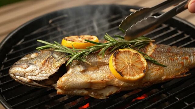Whole fresh sea bream fish garnished with lemon and rosemary cooking on a smoky charcoal barbecue grill.