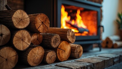 Stacked firewood logs in front of a lit fireplace showing warmth and coziness.
