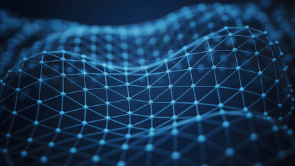 Abstract blue network of interconnected dots and lines forming a wavy surface in the dark background