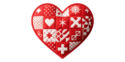 Red Quilted Heart Patchwork on Transparent Background, Vintage Design Element