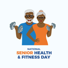 National Senior Health & Fitness Day poster vector illustration. Happy african american senior couple with dumbbells cartoon. Active old black man and woman vector. Template for background, banner