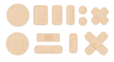 Medical plasters. Bandages set. Adhesive bandage for first aid for wounds operations and skin injuries. Protecting open wound from infection. Vector