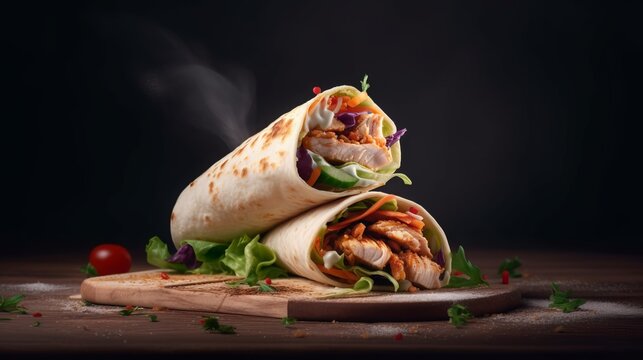 fresh grilled chicken wrap roll with flying ingradients and spices hot ready to serve and eat with copyspace area, Generative AI
