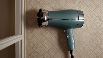 A teal hair dryer with chrome accents mounted on a textured wall next to a white door frame