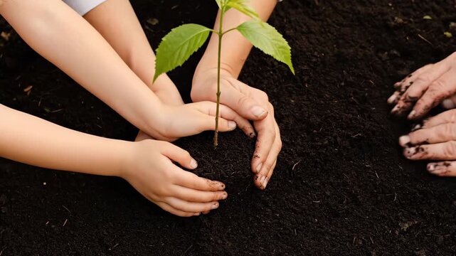 Three Generations Planting a Sapling - A close-up shot shows the hands of a child, parent, and grandparent gently planting a young tree sapling in rich dark soil.