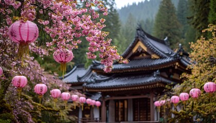 Obraz premium 春の祭り、寺院の境内、桜と提灯、高解像度写真